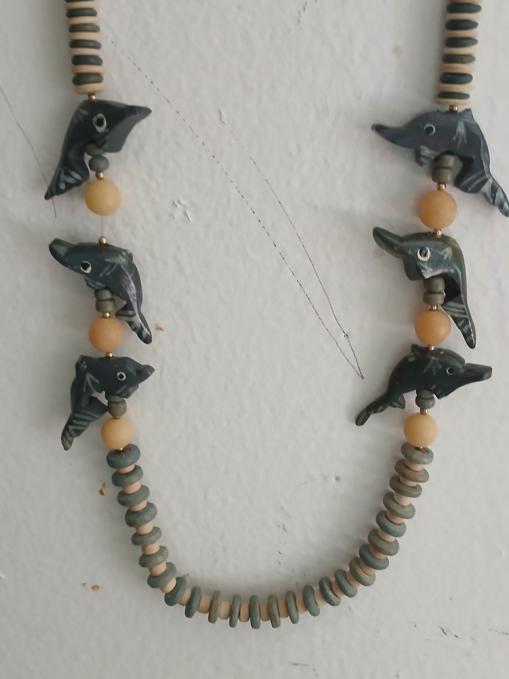 Vintage Hand Carved Wooden Beaded  Necklace w/Reversible Dolphins